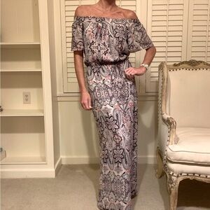 Parker White Blue Lavender Boho Paisley Floral Print Off Shoulder Maxi Dress NWT